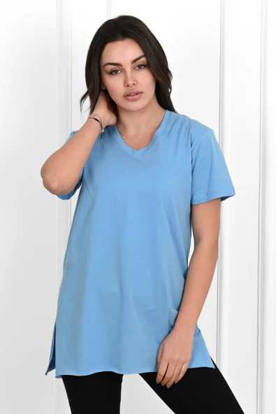 Kadın V yaka Yırtmaçlı  T-Shirt 8783-22 - 4