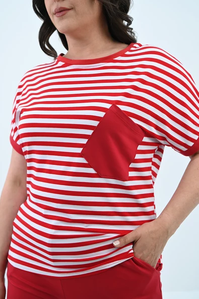 Kadın Büyük Beden Bisiklet Yaka Çizgili Cep Detaylı Kısa Kol Eşofman Takımı 8013 - 9