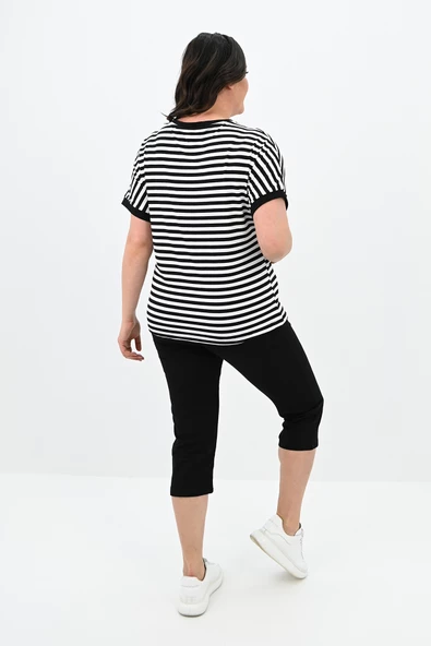 Kadın Büyük Beden Bisiklet Yaka Çizgili Cep Detaylı Kısa Kol Eşofman Takımı 8013 - 4