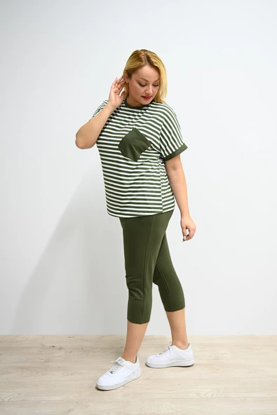 Kadın Büyük Beden Bisiklet Yaka Çizgili Cep Detaylı Kısa Kol Eşofman Takımı 8013 - 12