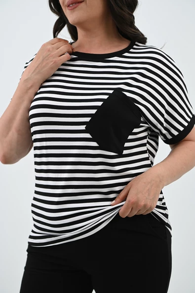 Kadın Büyük Beden Bisiklet Yaka Çizgili Cep Detaylı Kısa Kol Eşofman Takımı 8013 - 5