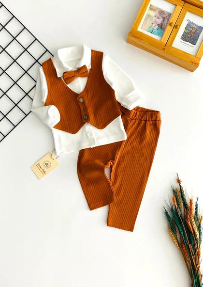 Neşeli Bebekler Papyonlu Raporlu Penye Takım Kiremit