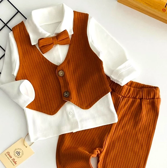 Neşeli Bebekler Papyonlu Raporlu Penye Takım Kiremit - 2