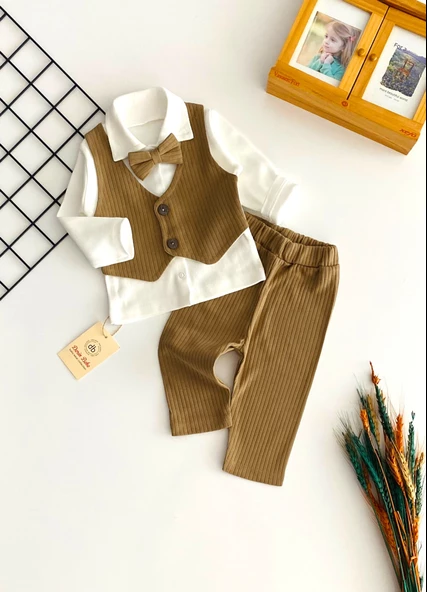 Neşeli Bebekler Papyonlu Raporlu Penye Takım Kahve