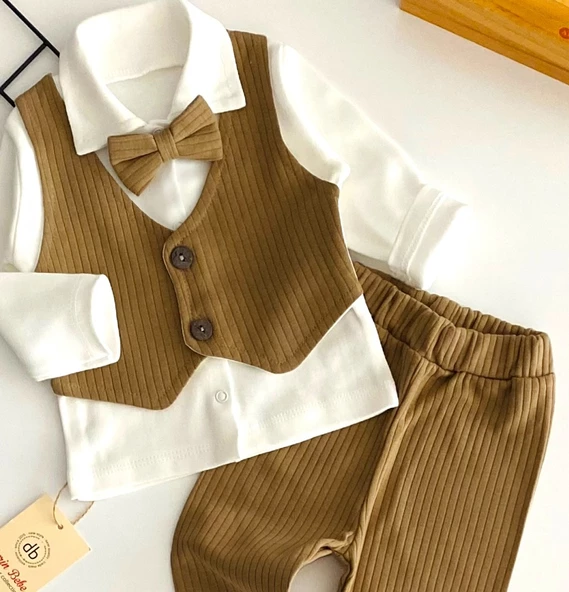 Neşeli Bebekler Papyonlu Raporlu Penye Takım Kahve - 2