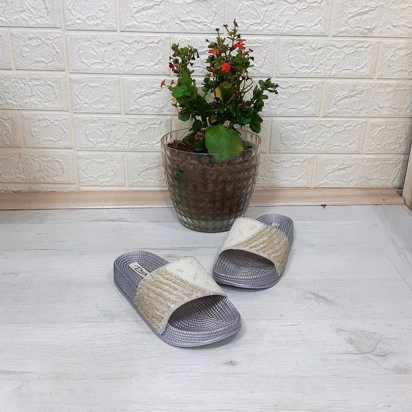 Pienn 20037 Beyaz Taşlı Günlük Bayan Terlik - Resim 6