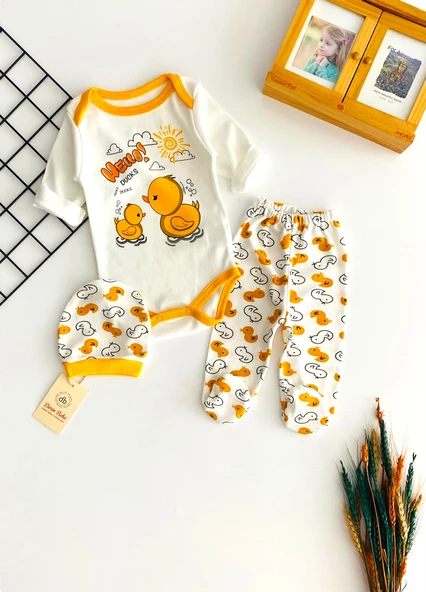 Neşeli Bebekler İkili Civciv Baskılı Bereli Ayağı Patikli Üçlü Takım ürün görseli