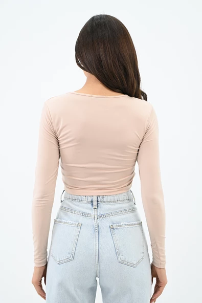 Kadın Büzgülü Uzun Kollu Croptop Bluz 1654-24 - 11