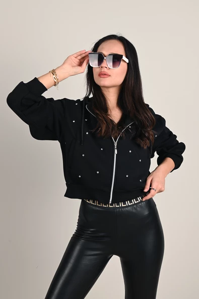 Kadın Taş Detaylı Kapüşonlu Fermuarlı Sweatshirt 1639-24 - 10