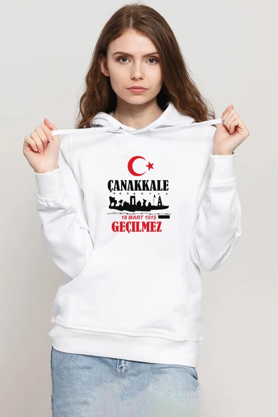 18 Mart Çanakkale Geçilmez Beyaz Kadın 3ip Kapşonlu Sweatshirt
