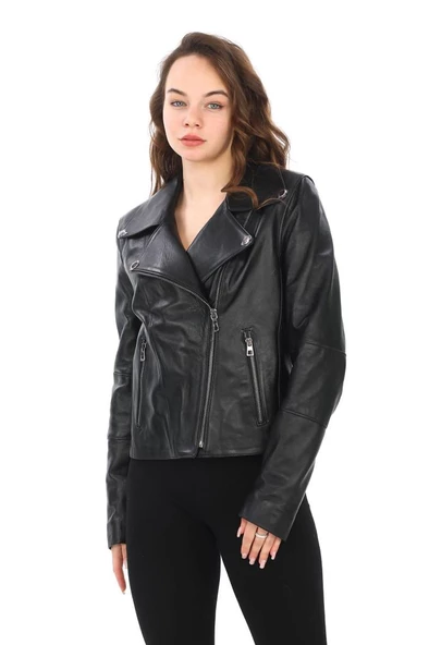 Siyah Renk Kruvaze Yaka Bayan Deri Ceket - 12