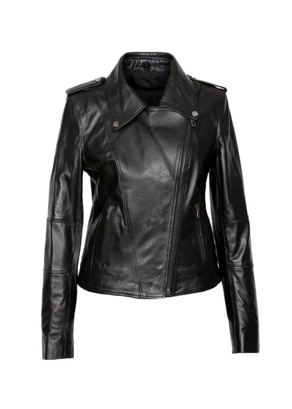 Siyah Renk Kruvaze Yaka Bayan Deri Ceket - 9