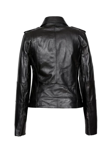 Siyah Renk Kruvaze Yaka Bayan Deri Ceket - 8