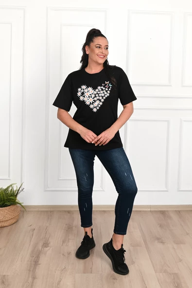 Kadın Büyük Beden Kalp şeklinde Papatya Baskılı T-Shirt 1575-23 - 2