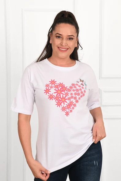 Kadın Büyük Beden Kalp şeklinde Papatya Baskılı T-Shirt 1575-23 - 12