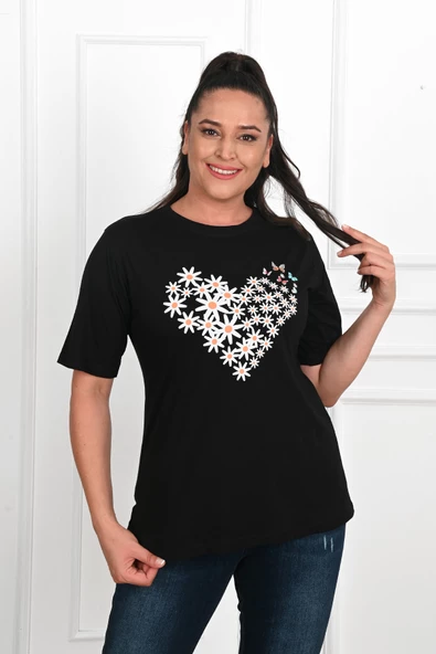 Kadın Büyük Beden Kalp şeklinde Papatya Baskılı T-Shirt 1575-23 - 3