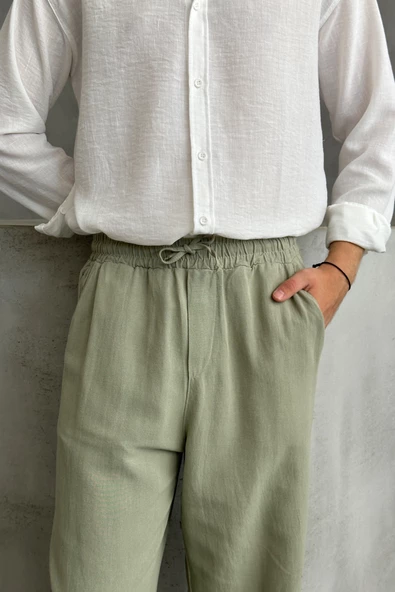 Erkek Beli Lastikli Baggy Kalıp Keten Pantolon - 3