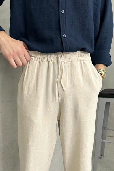 Erkek Beli Lastikli Baggy Kalıp Keten Pantolon - 8