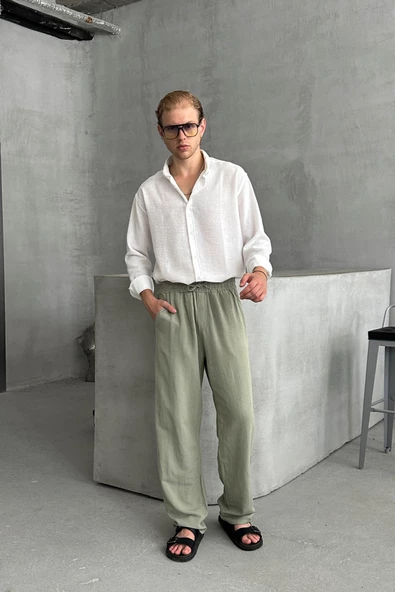 Erkek Beli Lastikli Baggy Kalıp Keten Pantolon - 2