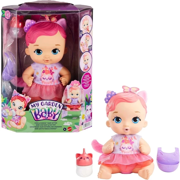 My Garden Baby Yavru Kedi Bebeğimin Bakım Zamanı - Pembe Saçlı Bebek (30 cm),bebek bezi, önlüğü, biberonu ve aksesuarlar - 5