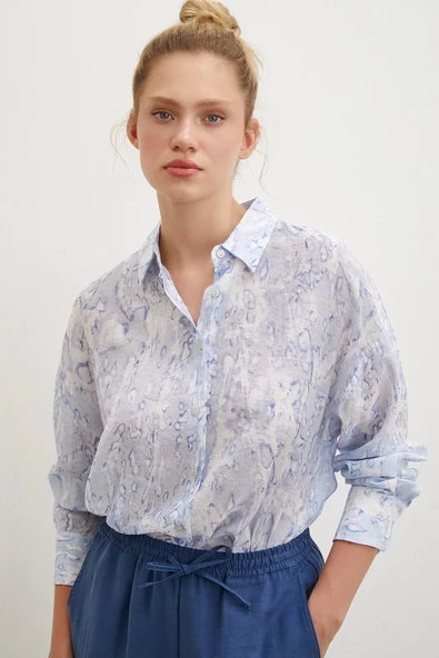 Damla Desenli Gömlek Mavi - Resim 2