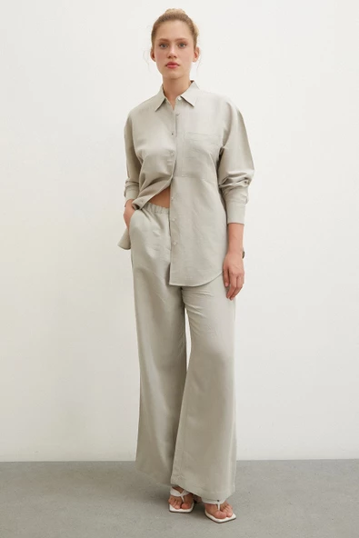 Beli Lastikli Bol Paça Pantolon Haki - Resim 2