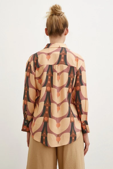 Desenli V Yaka Modal Gömlek Camel - Resim 4