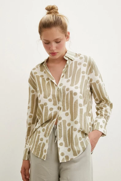 Modern Desen Modal Gömlek Haki - Resim 5