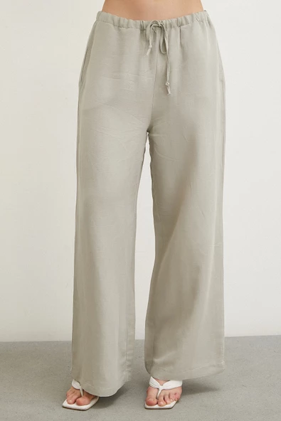 Beli Lastikli Bol Paça Pantolon Haki - Resim 4