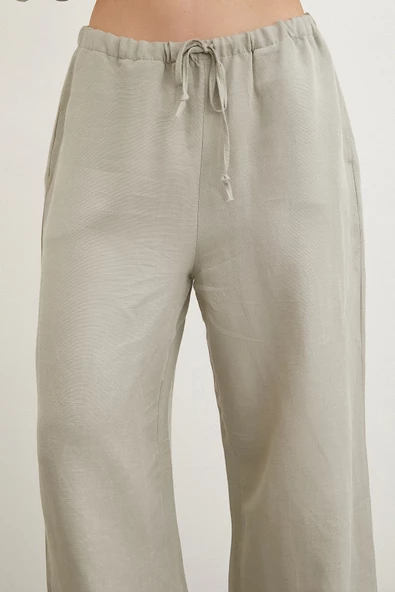 Beli Lastikli Bol Paça Pantolon Haki - Resim 5