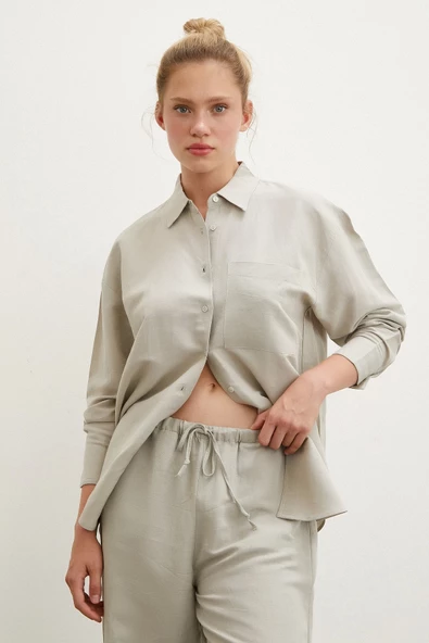 Beli Lastikli Bol Paça Pantolon Haki - Resim 3