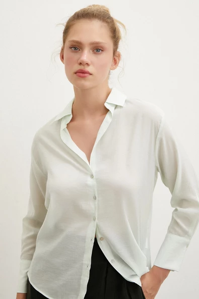 V Yaka Robalı Gömlek Mint - Resim 6