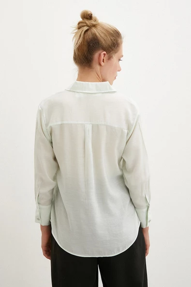 V Yaka Robalı Gömlek Mint - Resim 4