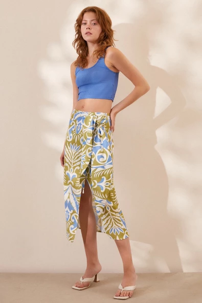 Yırtmaçlı Desen Etek Mavi - 2