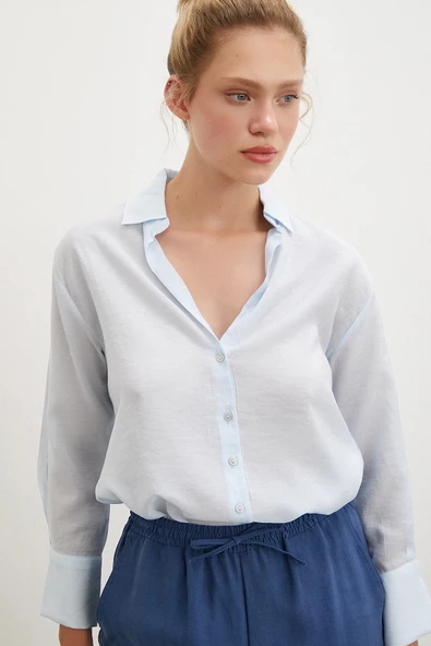 V Yaka Robalı Gömlek Mavi - Resim 2