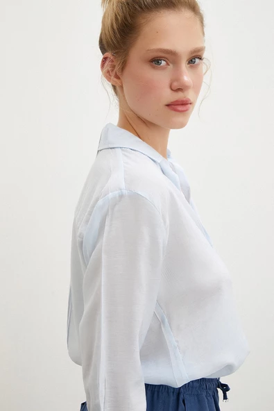 V Yaka Robalı Gömlek Mavi - Resim 6