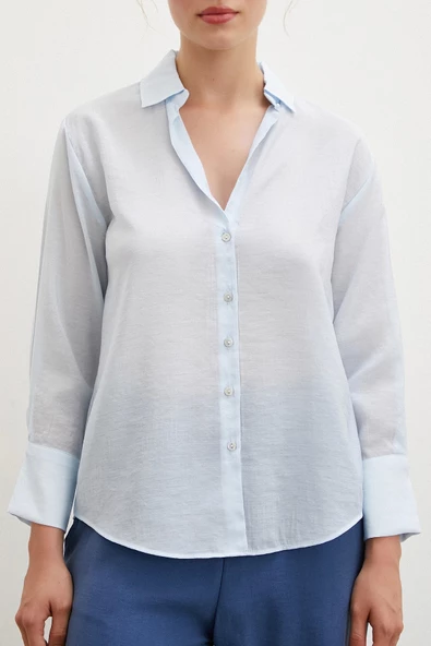 V Yaka Robalı Gömlek Mavi - Resim 3