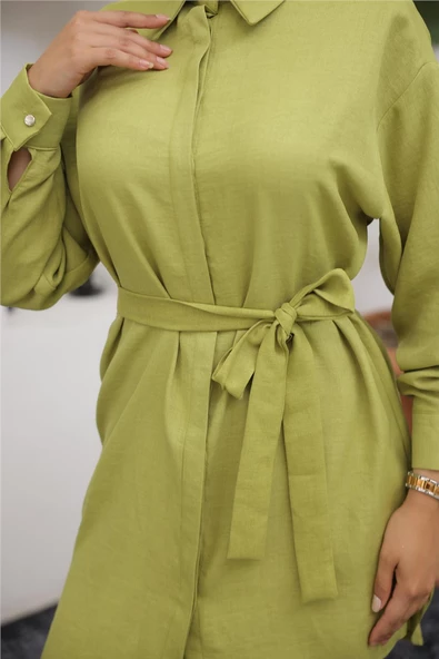 Gömlek Yaka Kuşak Detaylı İkili Takım - (38-46) - 71199 - Yeşil - Resim 6