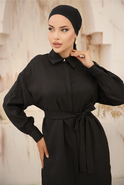 Gömlek Yaka Kuşak Detaylı İkili Takım - (38-46) - 71199 - Siyah - Resim 3