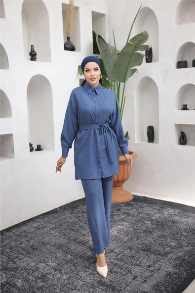 Gömlek Yaka Kuşak Detaylı İkili Takım - 71199.015 - Lacivert ürün görseli