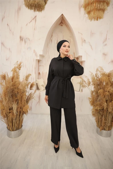 Gömlek Yaka Kuşak Detaylı İkili Takım - (38-46) - 71199 - Siyah - Resim 5