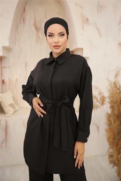 Gömlek Yaka Kuşak Detaylı İkili Takım - (38-46) - 71199 - Siyah - Resim 2