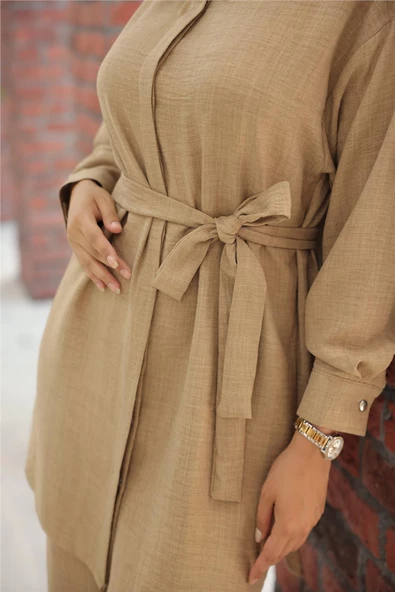 Gömlek Yaka Kuşak Detaylı İkili Takım - 71199.016 - Vizon - 6