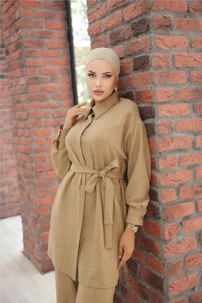 Gömlek Yaka Kuşak Detaylı İkili Takım - 71199.016 - Vizon - 2