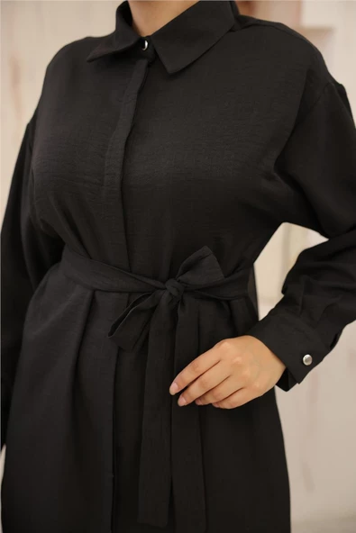 Gömlek Yaka Kuşak Detaylı İkili Takım - (38-46) - 71199 - Siyah - Resim 6