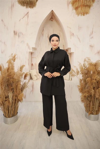 Gömlek Yaka Kuşak Detaylı İkili Takım - (38-46) - 71199 - Siyah ürün görseli