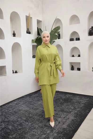 Gömlek Yaka Kuşak Detaylı İkili Takım - (38-46) - 71199 - Yeşil ürün görseli