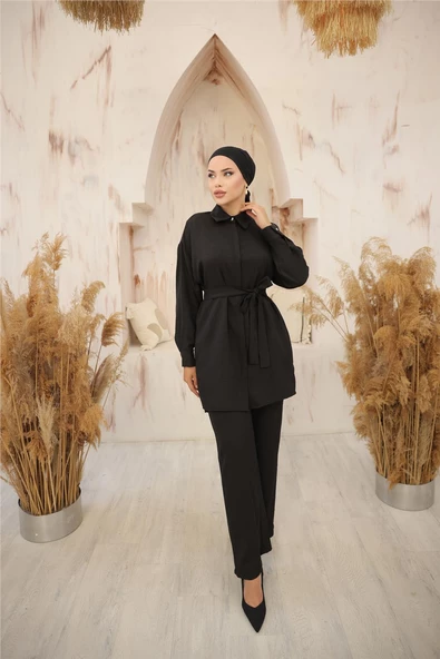 Gömlek Yaka Kuşak Detaylı İkili Takım - (38-46) - 71199 - Siyah - Resim 4