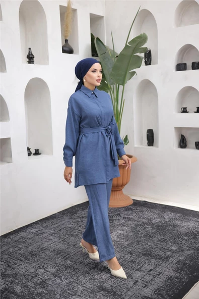 Gömlek Yaka Kuşak Detaylı İkili Takım - 71199.015 - Lacivert - Resim 5