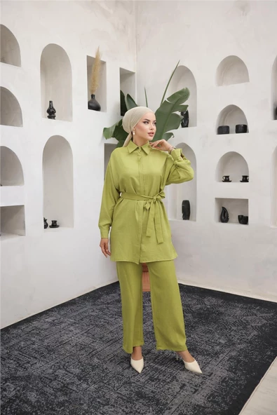 Gömlek Yaka Kuşak Detaylı İkili Takım - (38-46) - 71199 - Yeşil - Resim 4